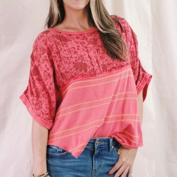 Free People Garnet Royal Combo Red Top Oversized Size M - Picture 3 of 13